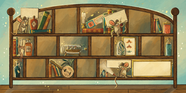 A wooden cabinet filled with books, antique objects, and several mice.