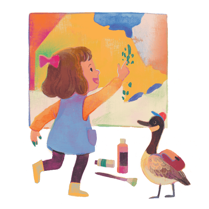 A painting of a young girl painting a picture beside a Canada Goose.