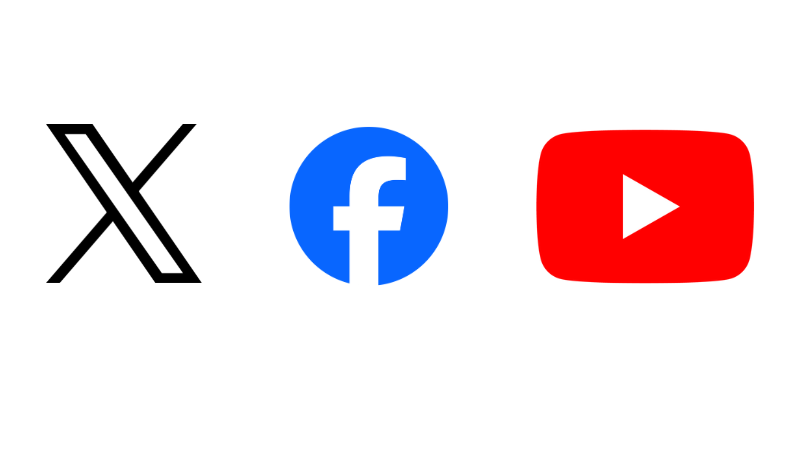 Logos of X, Facebook, and YouTube.