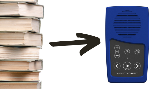 An arrow pointing to the right at an Envoy Connect device. It is a blue and black rectangular device with 6 buttons in the bottom half of the device and the round speaker on the top half.