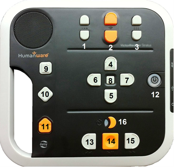 Lecteur DAISY Victor Stratus4 M avec étiquettes des touches. Consultez la section suivante, « Description du Stratus4 M », pour une description des touches et de leurs fonctions.
