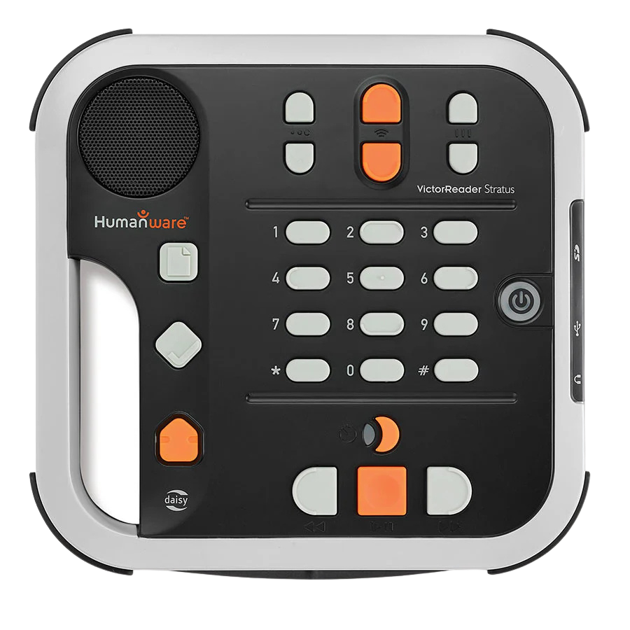Victor Stratus12 M audio player, which features large, high-contrast buttons and a numeric keypad.