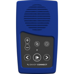 A blue device has a round speaker on the top and six buttons on the bottom half. The words Envoy Connect appear at the bottom below the buttons.