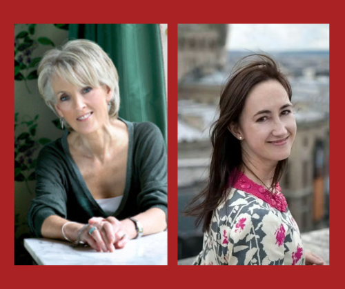 Portraits de Joanne Trollope et Madeleine Wickham sur un fond rouge foncé.
