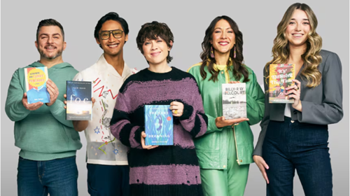 The five Canada Read debaters stand together holding their selected book.