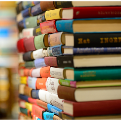 A colourful stack of books.