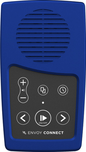 A blue device has a round speaker on the top and six buttons on the bottom half. The words Envoy Connect appear at the bottom below the buttons.