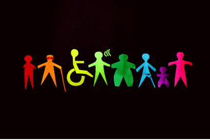 Pictogram of people of different shapes and sizes, each in a different colour, including a person with glasses and a cane and a person in a wheelchair.