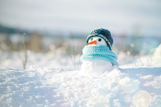 Un bonhomme de neige avec une tuque et un foulard bleus.