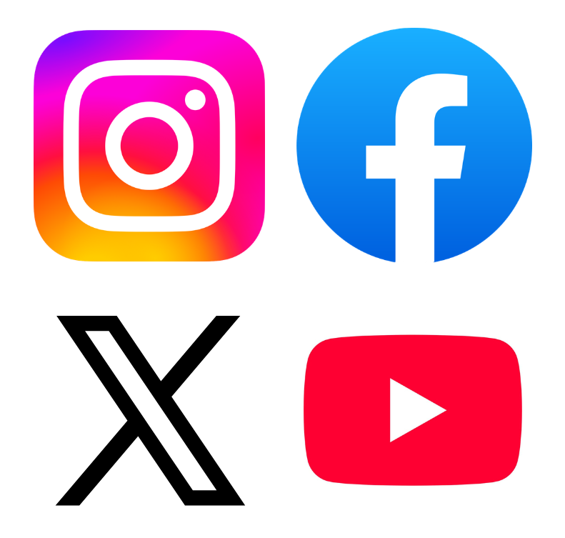 Logos d'Instagram, X, Facebook, et YouTube.