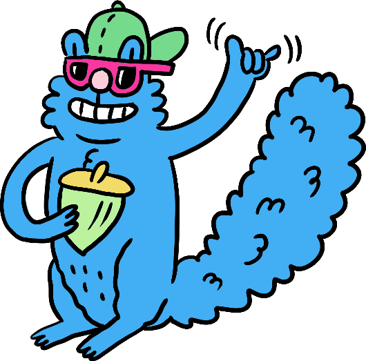 Illustration: blue squirrel wearing pink sunglasses and giving "hang ten" sign
