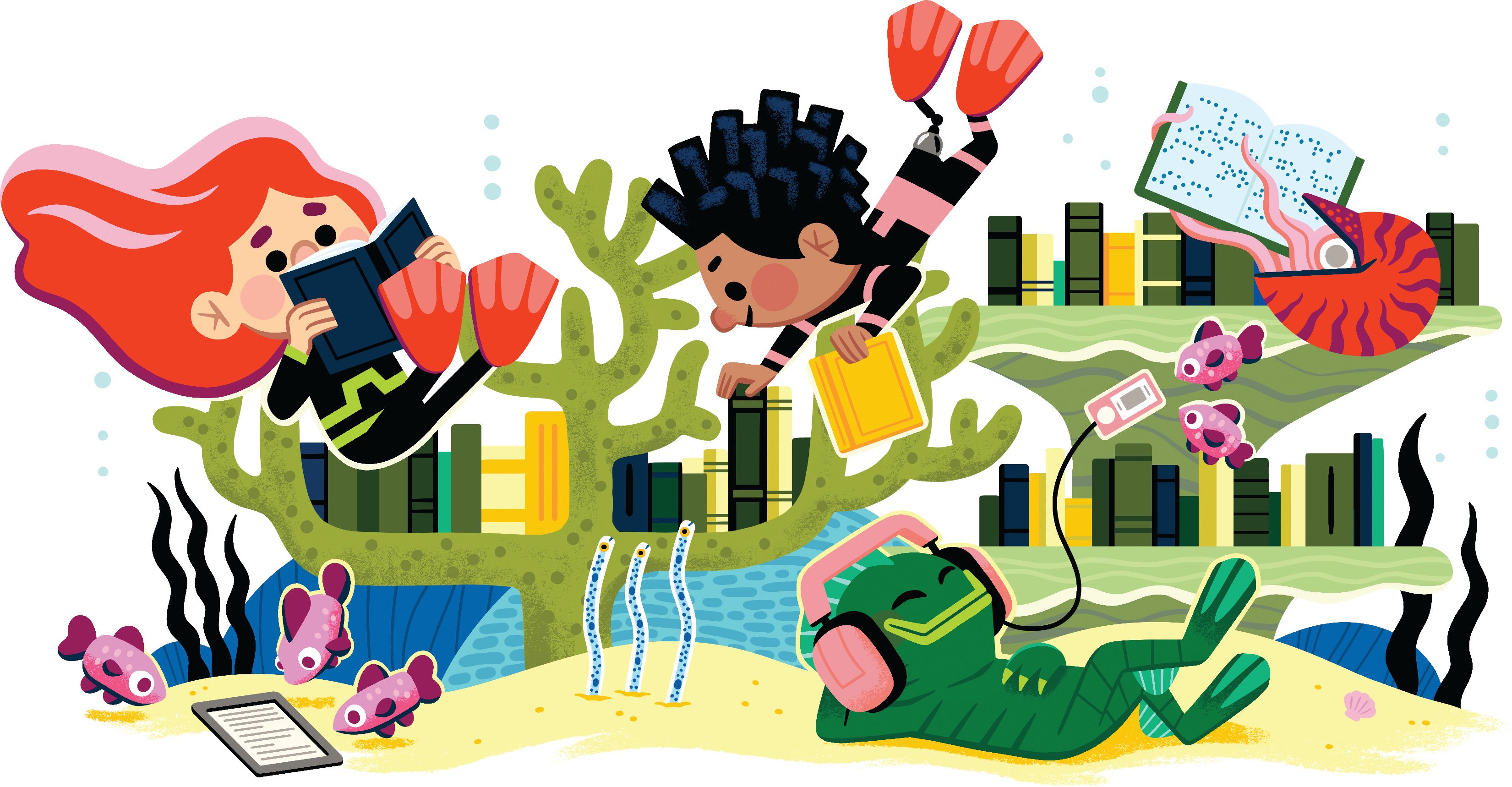 A colour illustration of children and underwater creatures enjoying books in different formats.