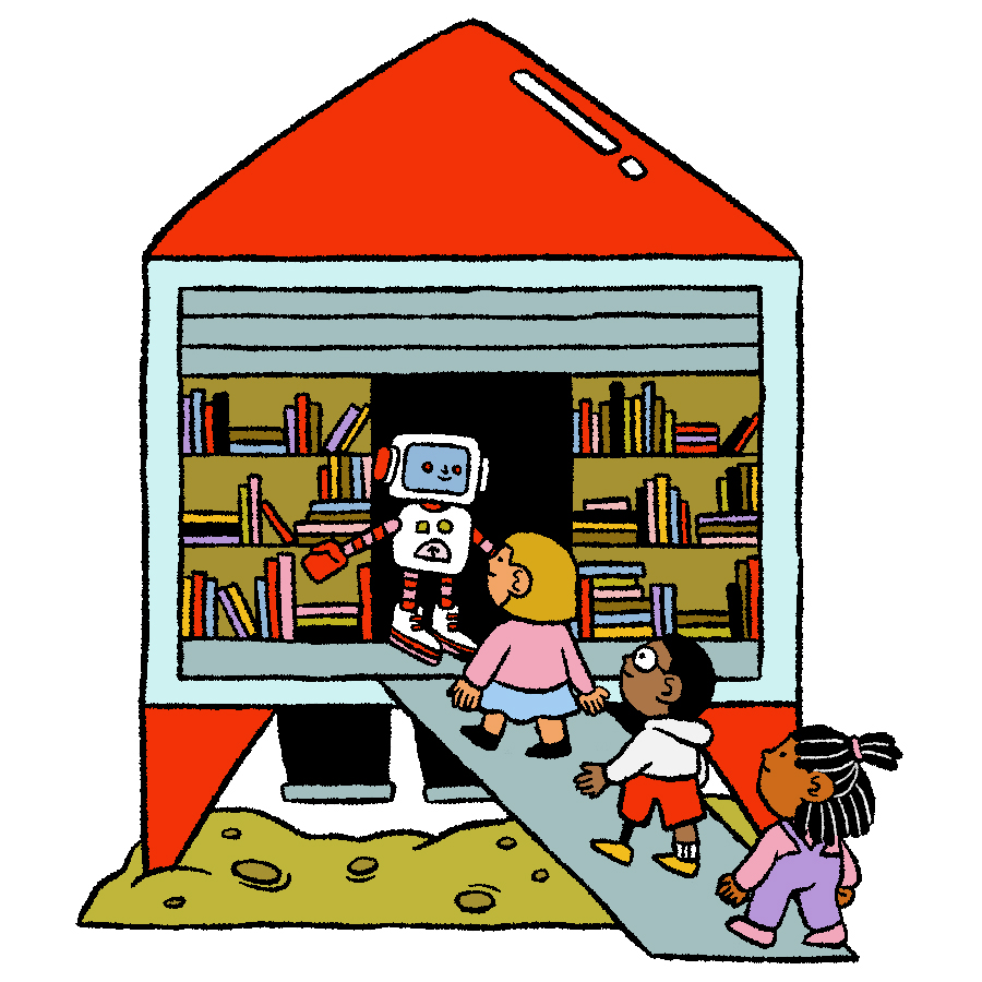 Illustration of a robot welcoming some children into a library on a spaceship.