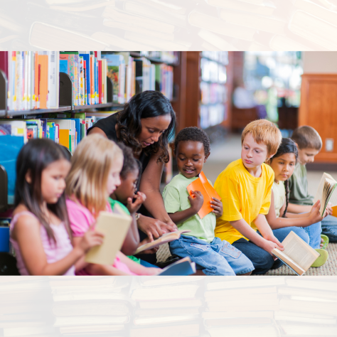 A group of children in a library each holding a book and observing a librarian that's assisting them with reading.