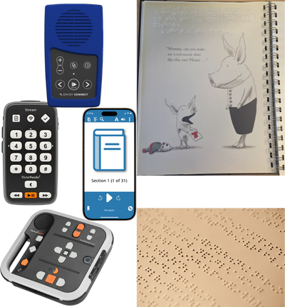 Collage d'images d'Envoy Connect, Victor Stream, iPhone avec l'application EasyReader ouverte dessus, Victor Stratus, un livre en braille imprimé et une page de braille en relief.